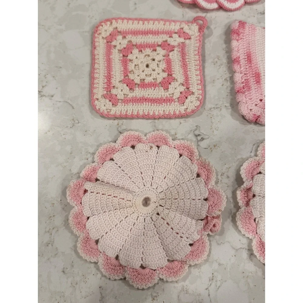 Vintage Crochet Potholders Trivets Set‎ of 5 Pink Cream Handmade Granny Square